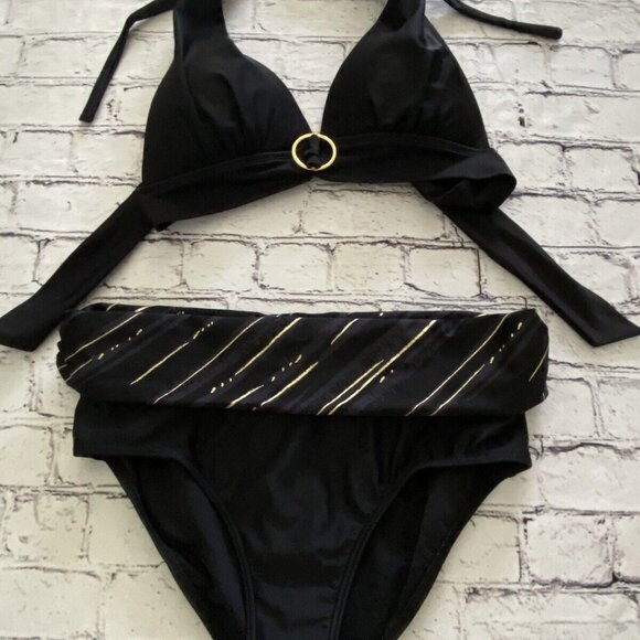 Simon Chang Other - Simon Chang Vintage Black And Gold Bikini Padded Halter Top Size 10 Bond Girl EC